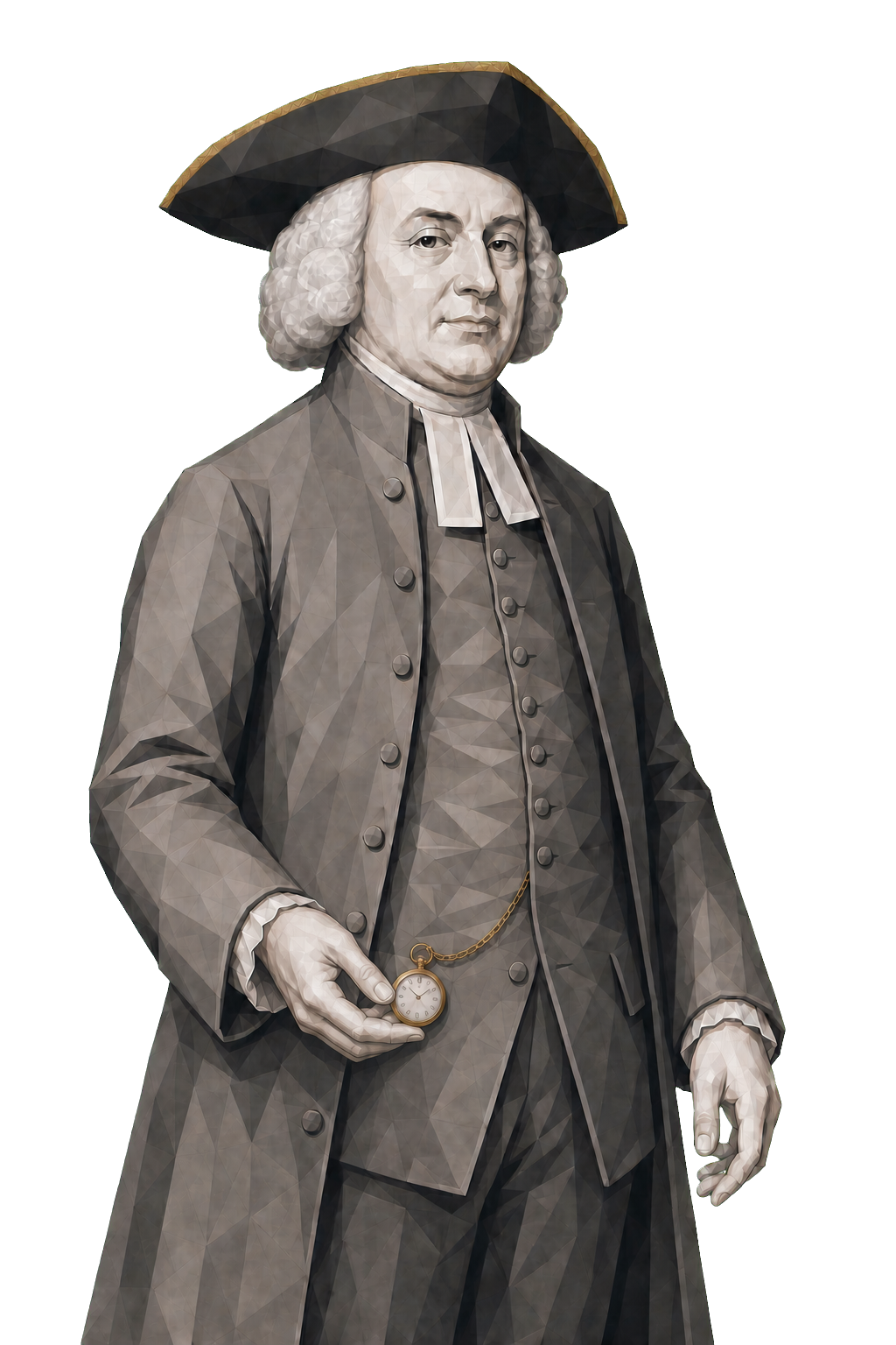 William Paley in a shaded warm-grey editorial portrait, steadying a muted-gold pocket watch beneath a dark tricorne with muted-gold edging.