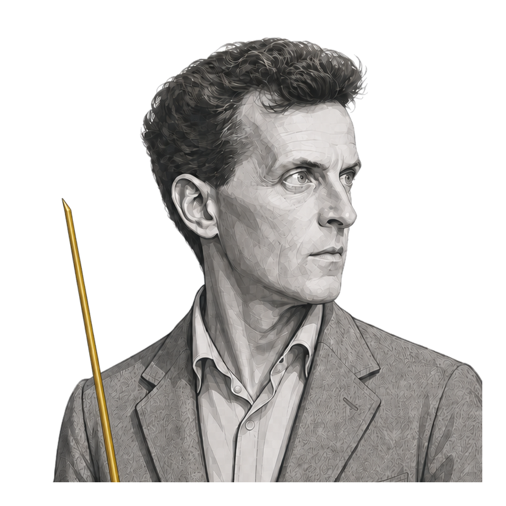Wittgenstein in a shaded warm-grey editorial portrait, gripping a long muted-gold fireplace poker.