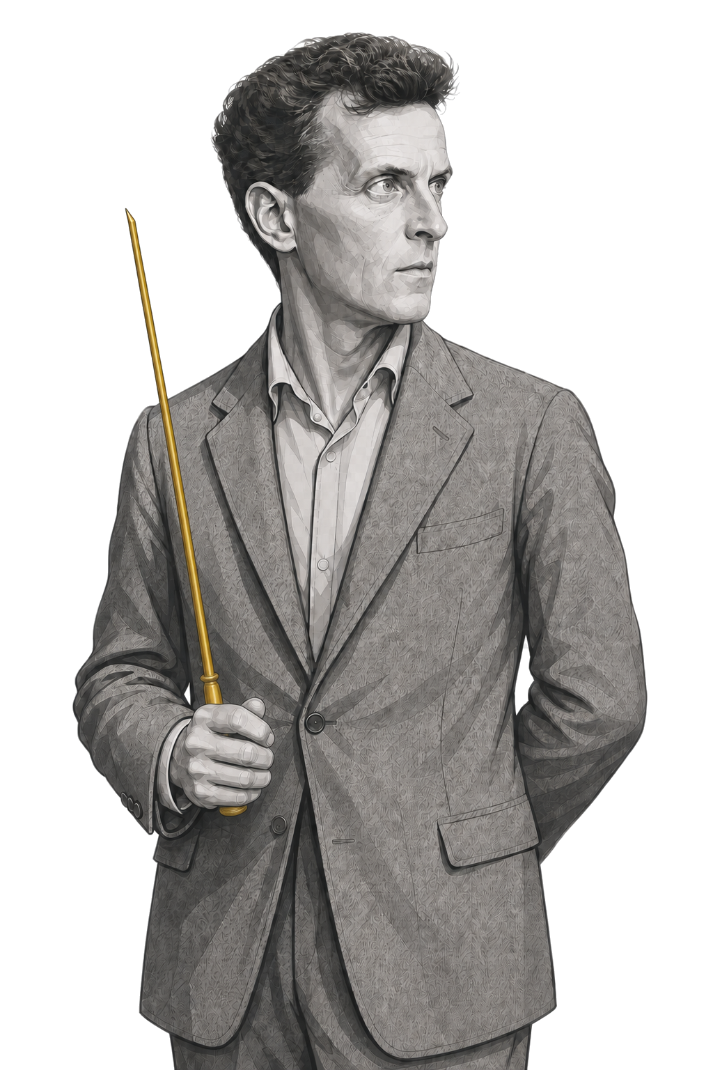 Wittgenstein in a shaded warm-grey editorial portrait, gripping a long muted-gold fireplace poker.