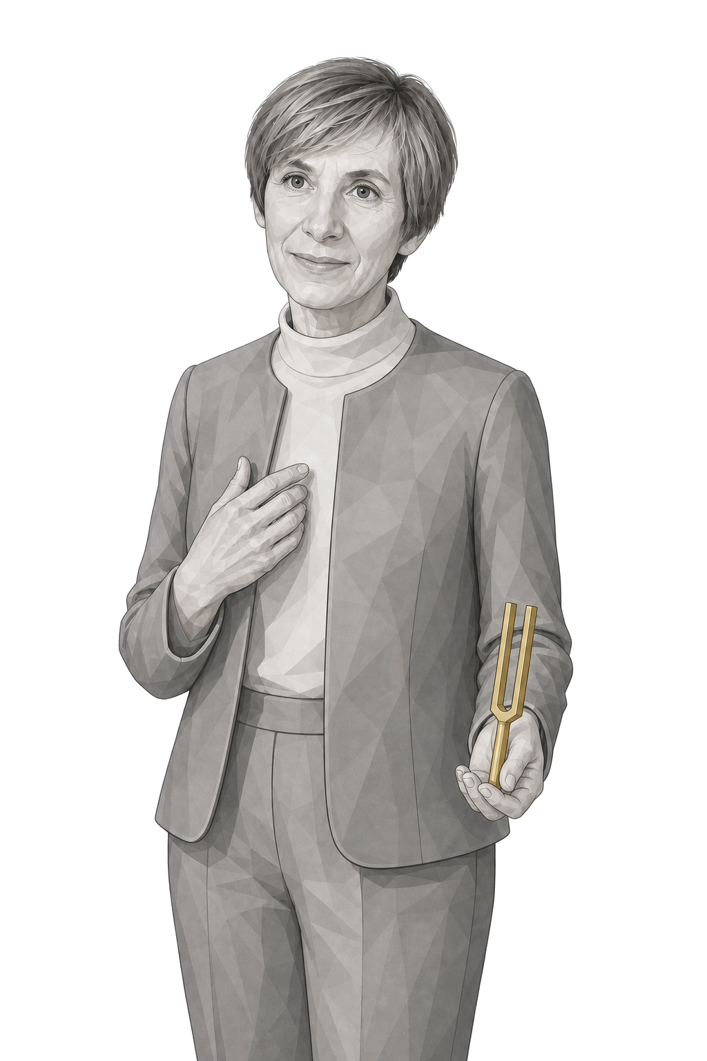 Wolf in a shaded warm-grey editorial portrait, holding a small muted-gold tuning fork.