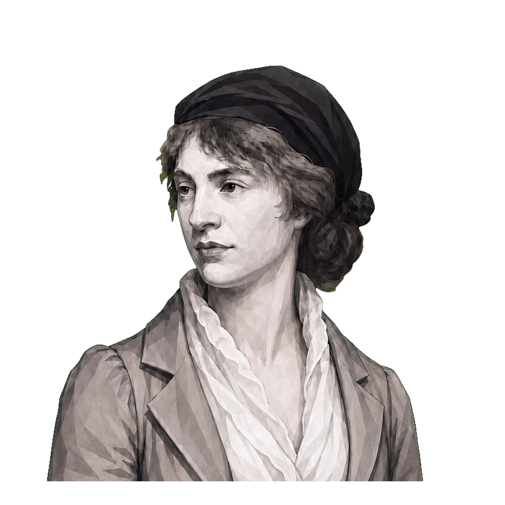 Mary Wollstonecraft in a shaded warm-grey editorial portrait, holding a small muted-gold polling card while gesturing outward.