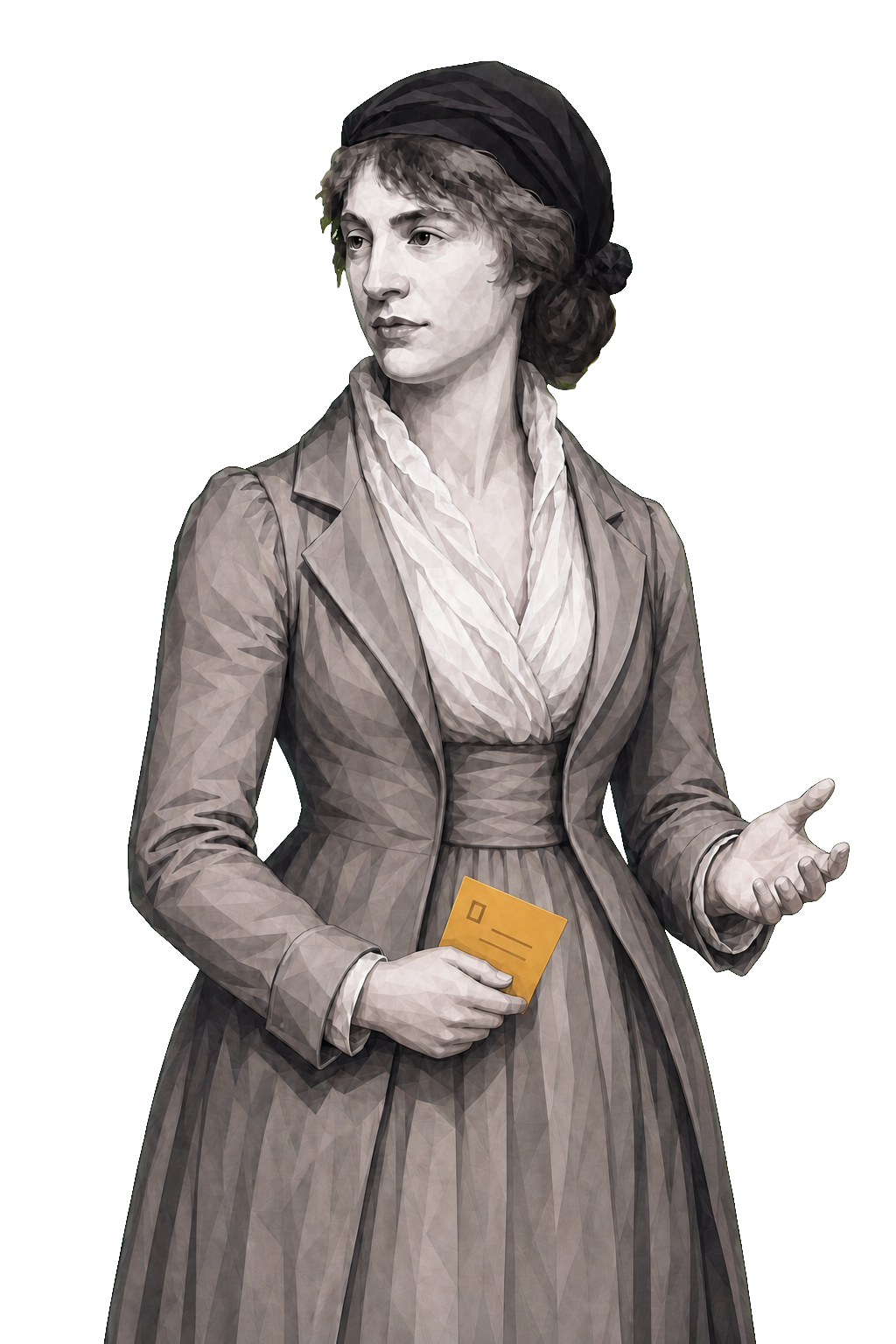 Mary Wollstonecraft in a shaded warm-grey editorial portrait, holding a small muted-gold polling card while gesturing outward.