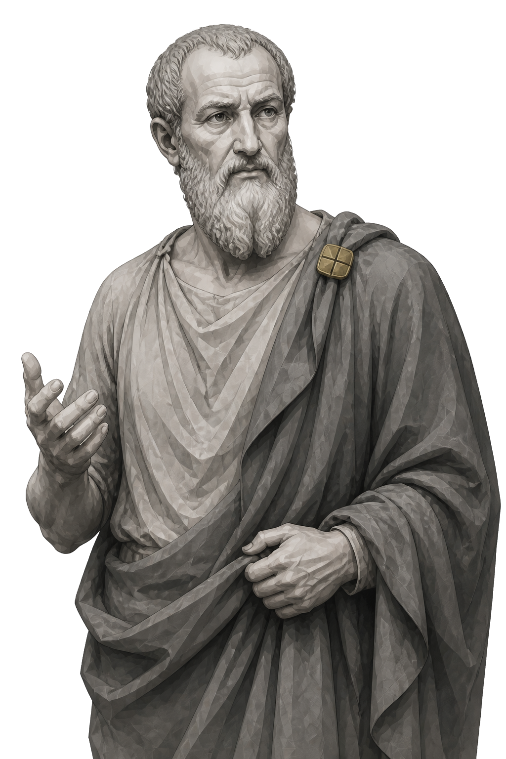 Zeno of Citium in a three-quarter shaded warm-grey editorial portrait, wearing a muted-gold four-part cloak clasp and raising one hand in argument.