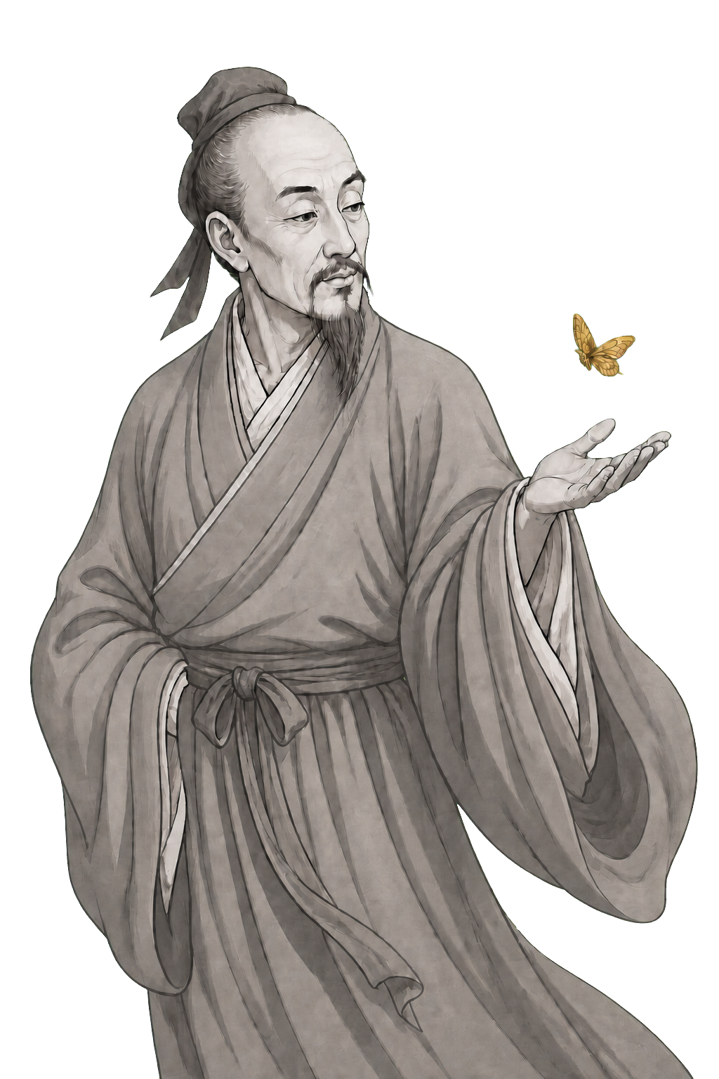 Zhuangzi watches a butterfly rest above his open hand, with one muted-gold wing detail.