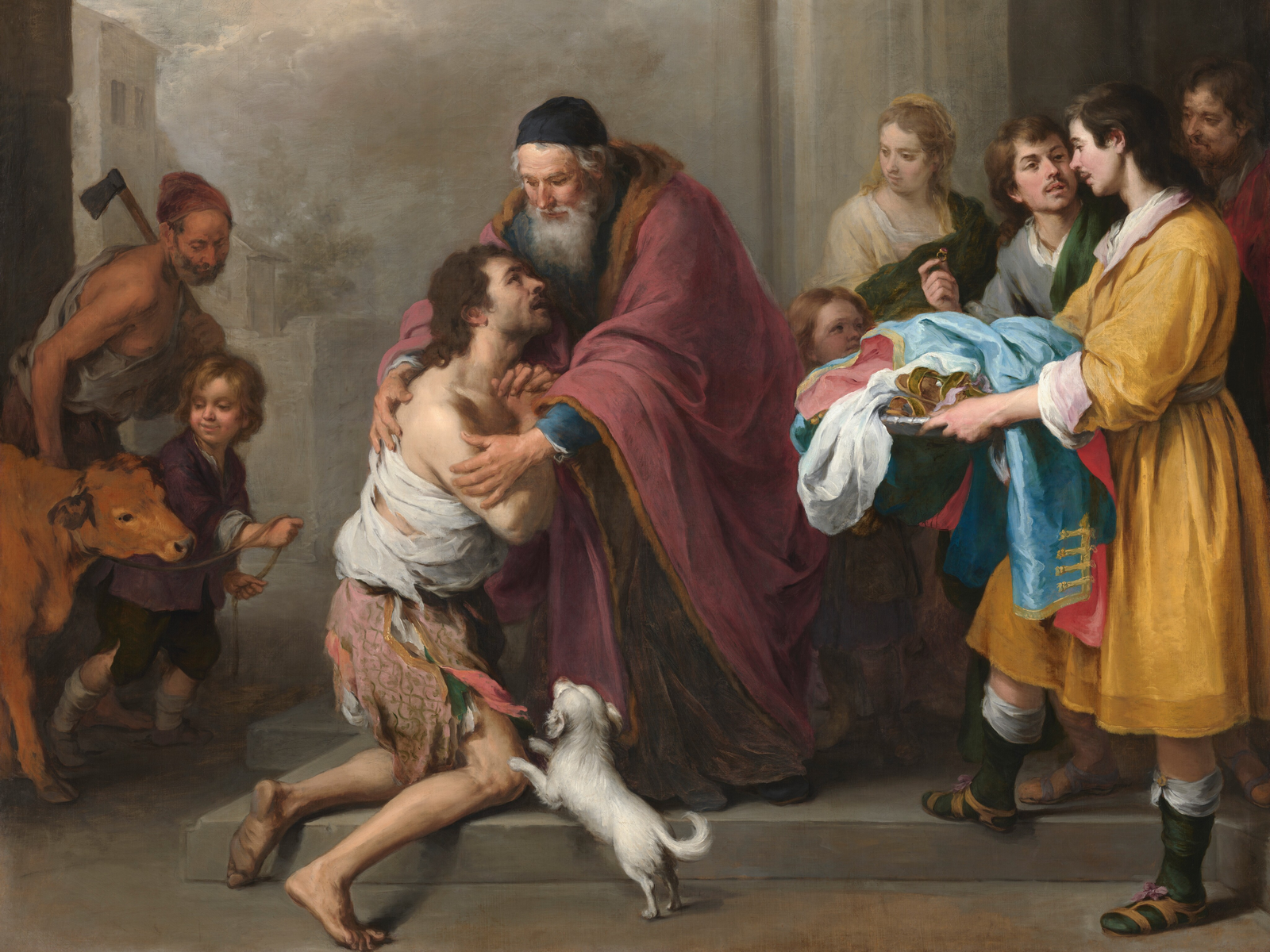 A barefoot kneeling son is embraced by his father while a dog, a calf and witnesses gather around them in Murillo's painted scene of return and restoration.