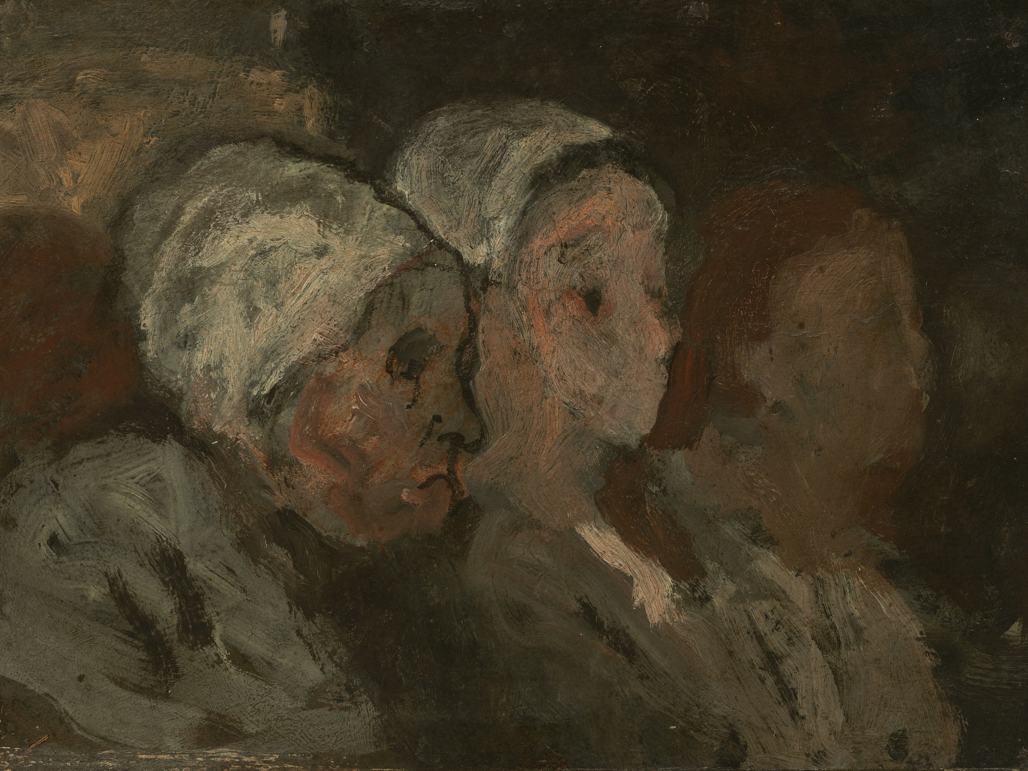 Three worshippers sit closely together in profile in Honoré Daumier's dark, thickly brushed church scene.