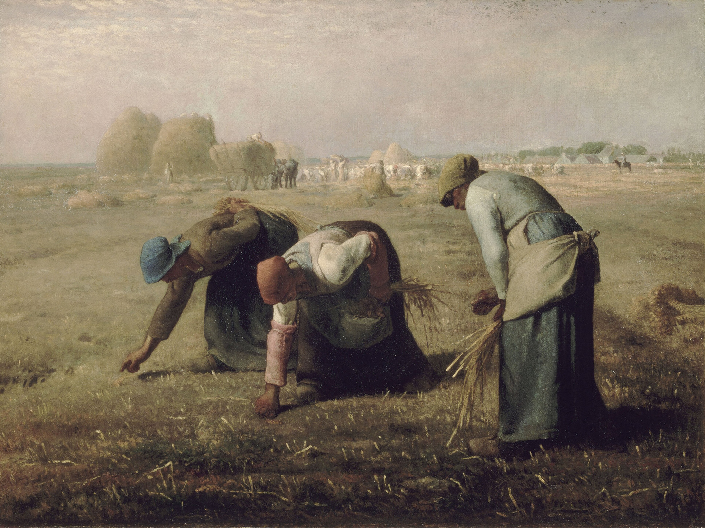 Three women bend to gather leftover grain in the foreground of Jean-François Millet's broad harvest landscape.