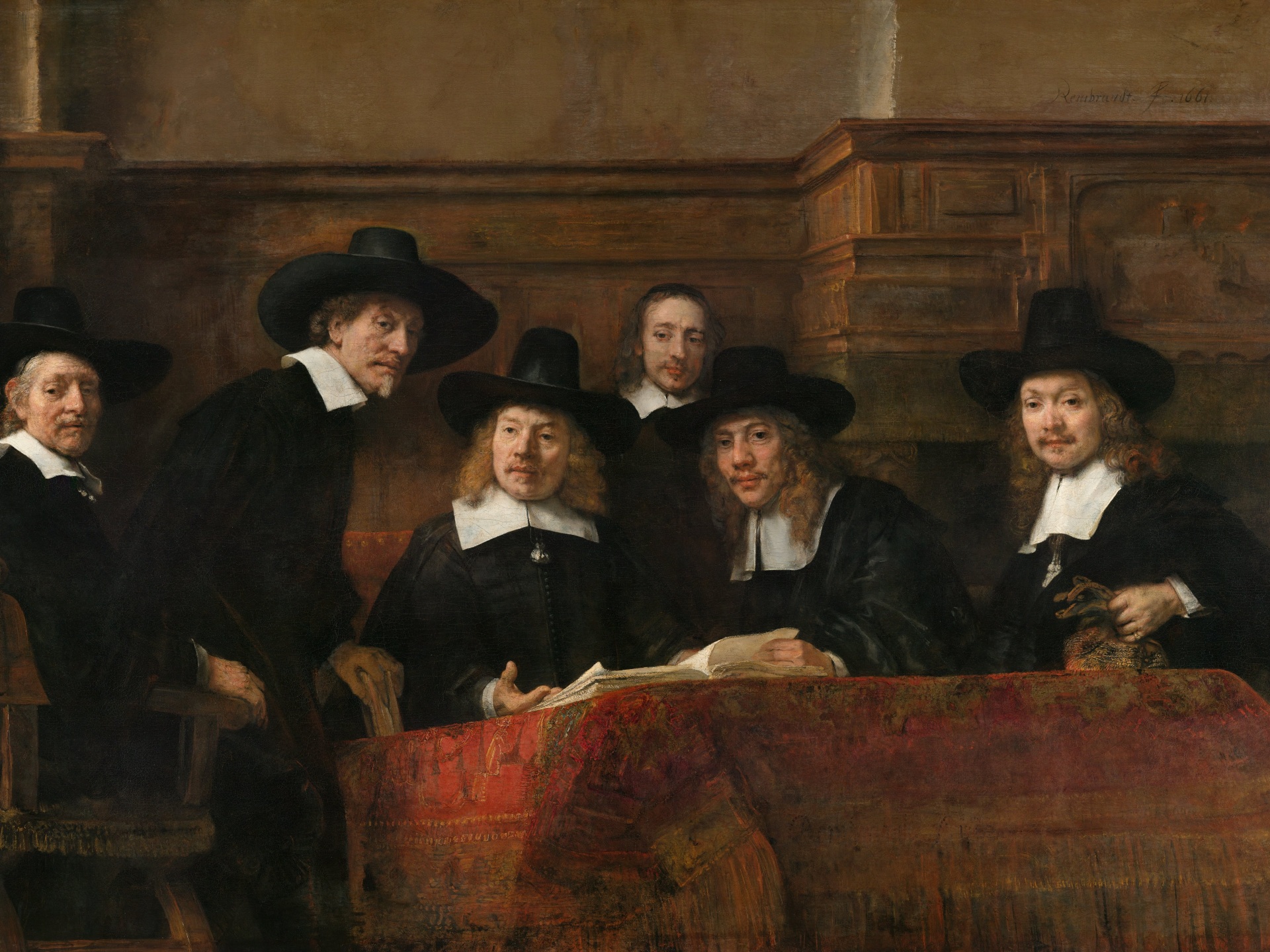 Six officials in dark clothing gather around an open sample book in Rembrandt's group portrait.