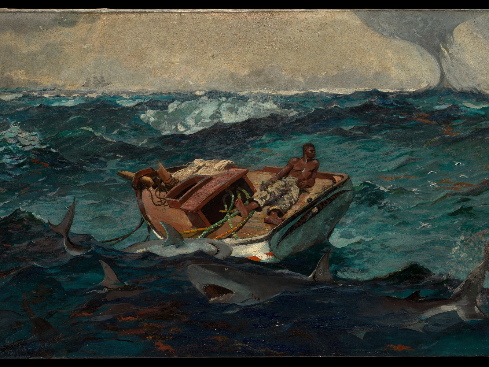 A lone sailor lies in a damaged boat amid rough seas in Winslow Homer's Gulf Stream.