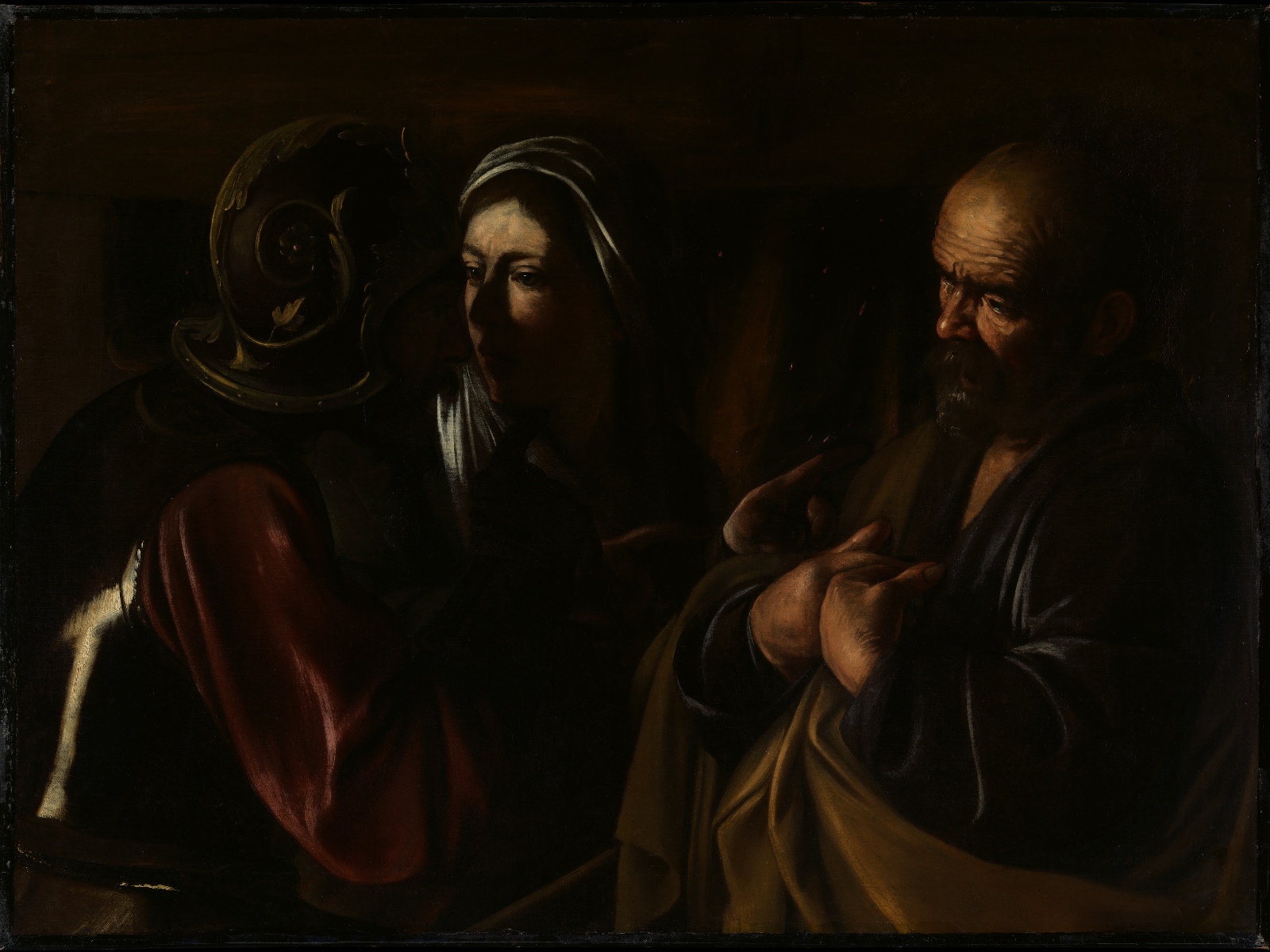 Peter recoils as a woman and soldier press an accusation in Caravaggio's Denial of Saint Peter.