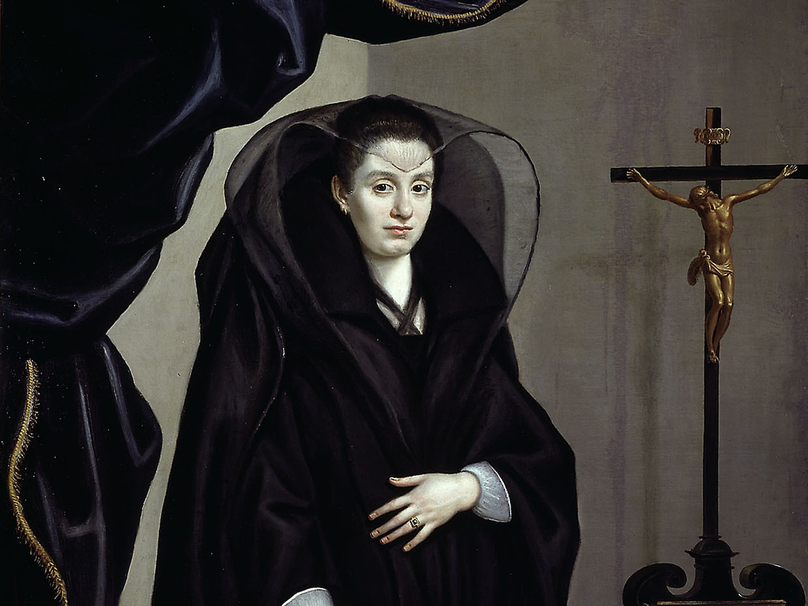 A noblewoman in black mourning dress stands against a dark interior in Jacopo da Empoli's portrait.